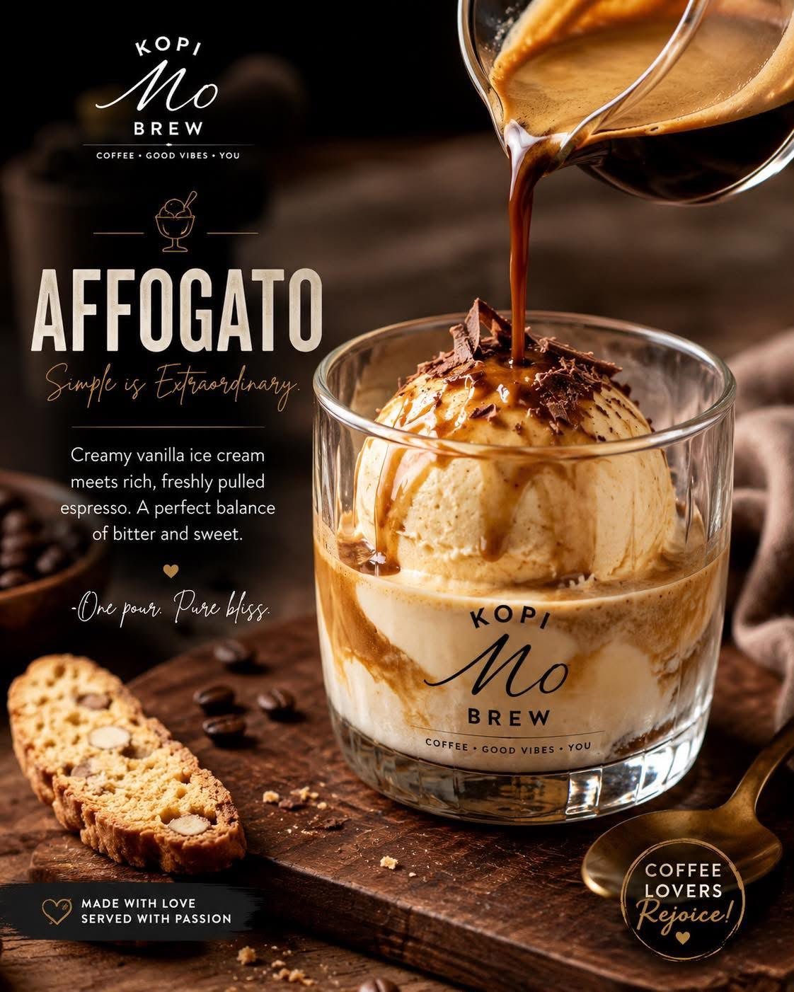Affogato — espresso poured over vanilla ice cream in a Kopi Mo Brew glass