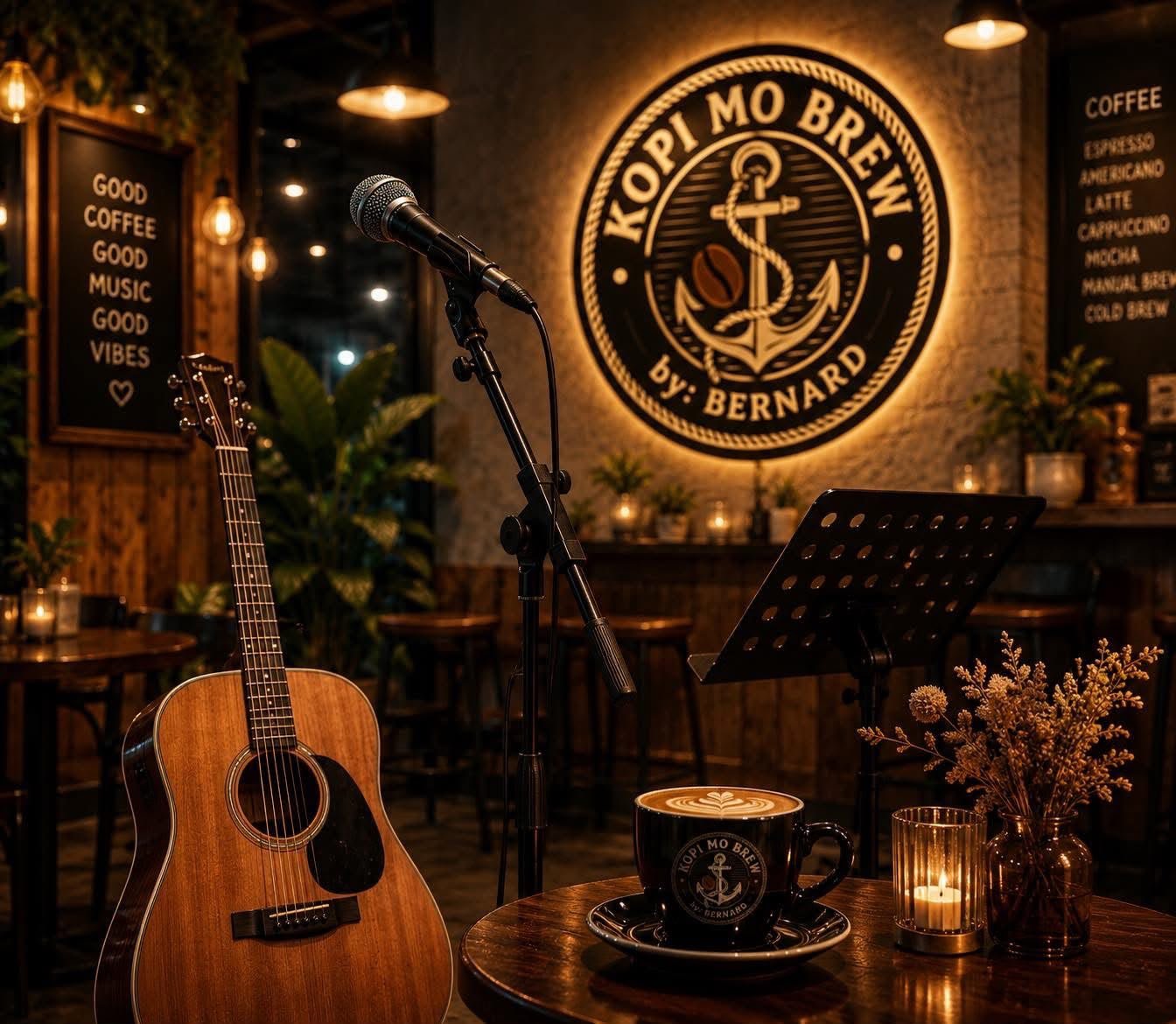 The Kopi Mo Brew room at night, warm lamps and an acoustic guitar beside the counter
