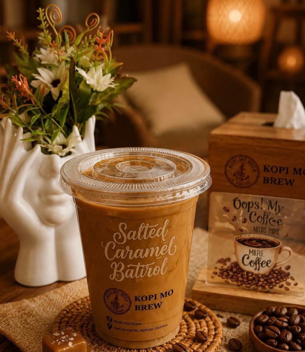 Iced Salted Caramel Batirol in a clear Kopi Mo Brew cup